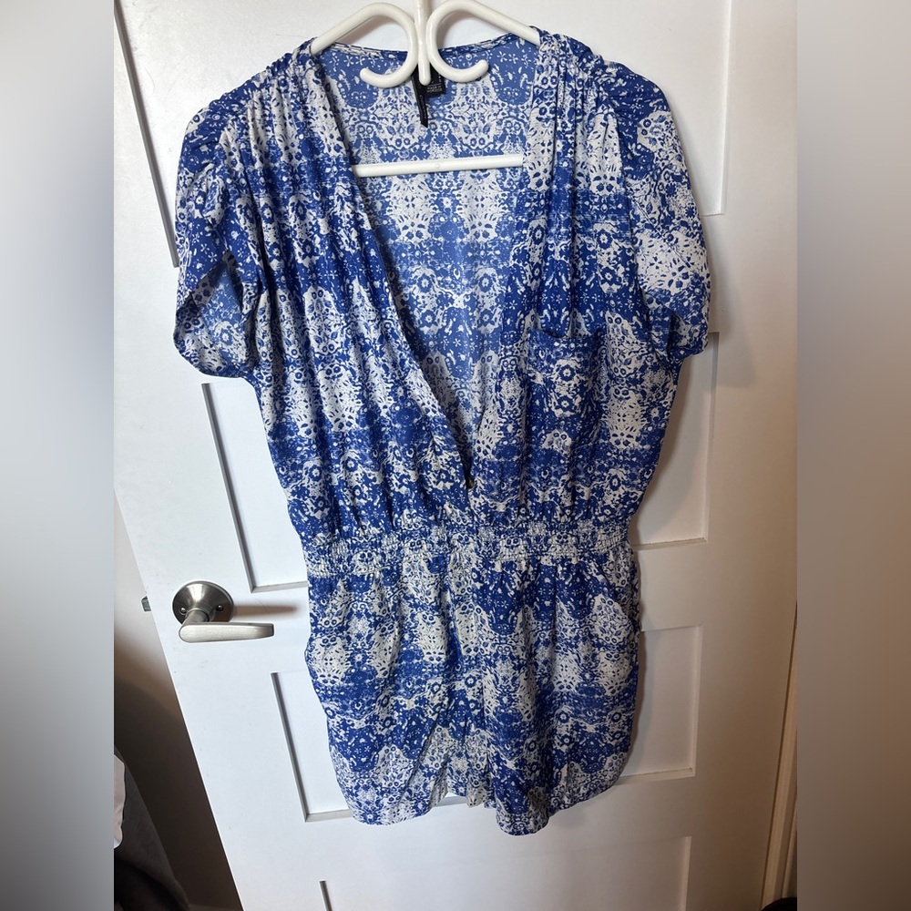 Mango Blue and White Floral Print Romper (shorts)